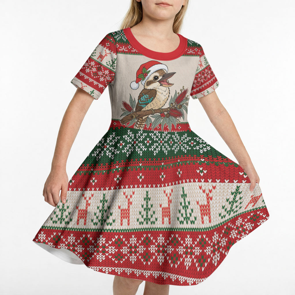 Aussie Kookaburra Christmas Kid Short Sleeve Dress Festive Knitted Pattern Inspired