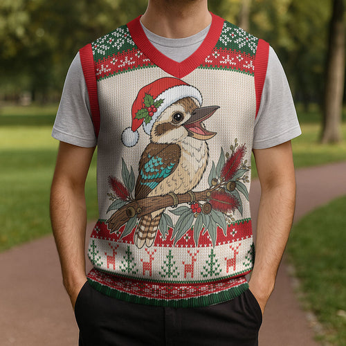 Aussie Kookaburra Christmas Knitted V-Neck Vest Festive Knitted Pattern Inspired