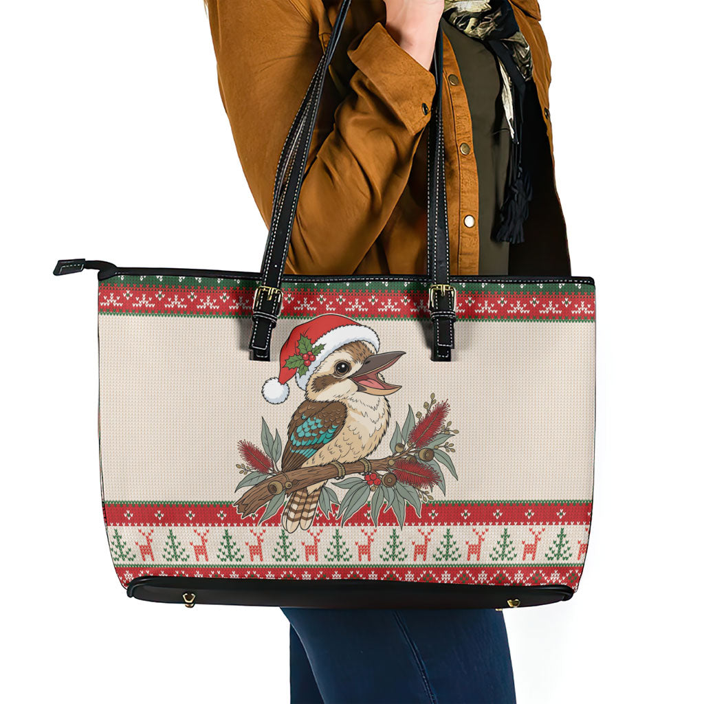 Aussie Kookaburra Christmas Leather Tote Bag Festive Knitted Pattern Inspired