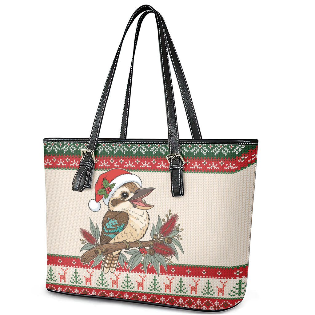 Aussie Kookaburra Christmas Leather Tote Bag Festive Knitted Pattern Inspired