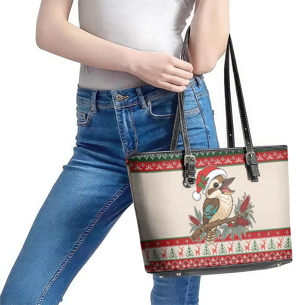 Aussie Kookaburra Christmas Leather Tote Bag Festive Knitted Pattern Inspired