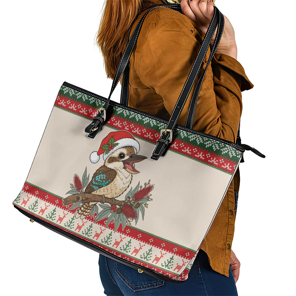 Aussie Kookaburra Christmas Leather Tote Bag Festive Knitted Pattern Inspired