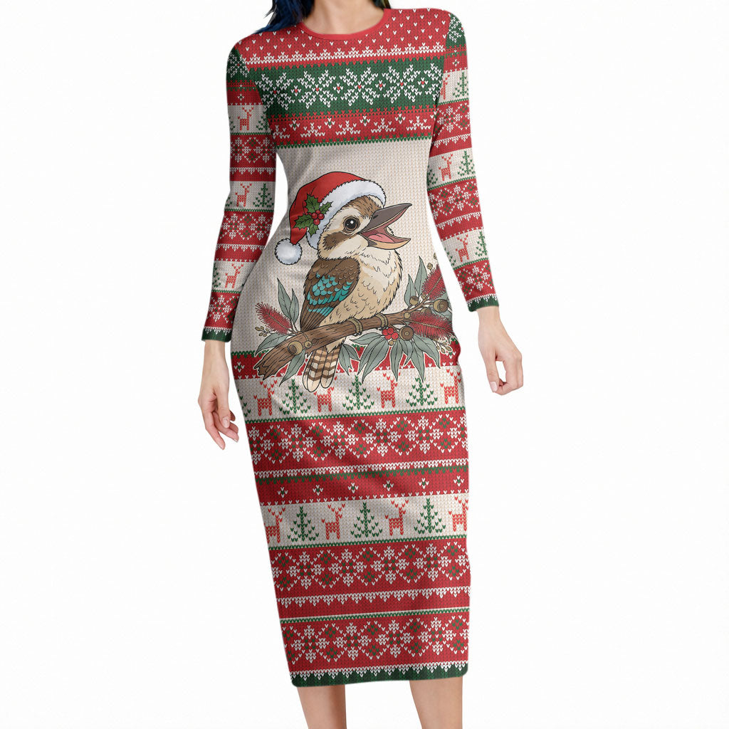 Aussie Kookaburra Christmas Long Sleeve Bodycon Dress Festive Knitted Pattern Inspired