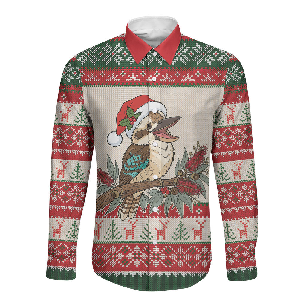 Aussie Kookaburra Christmas Long Sleeve Button Shirt Festive Knitted Pattern Inspired