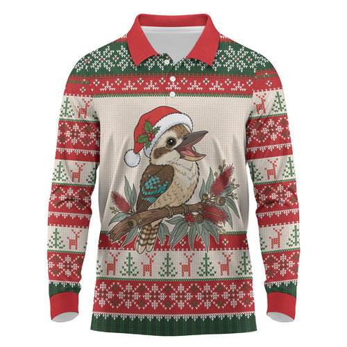 Aussie Kookaburra Christmas Long Sleeve Polo Shirt Festive Knitted Pattern Inspired
