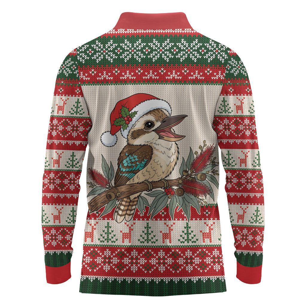 Aussie Kookaburra Christmas Long Sleeve Polo Shirt Festive Knitted Pattern Inspired