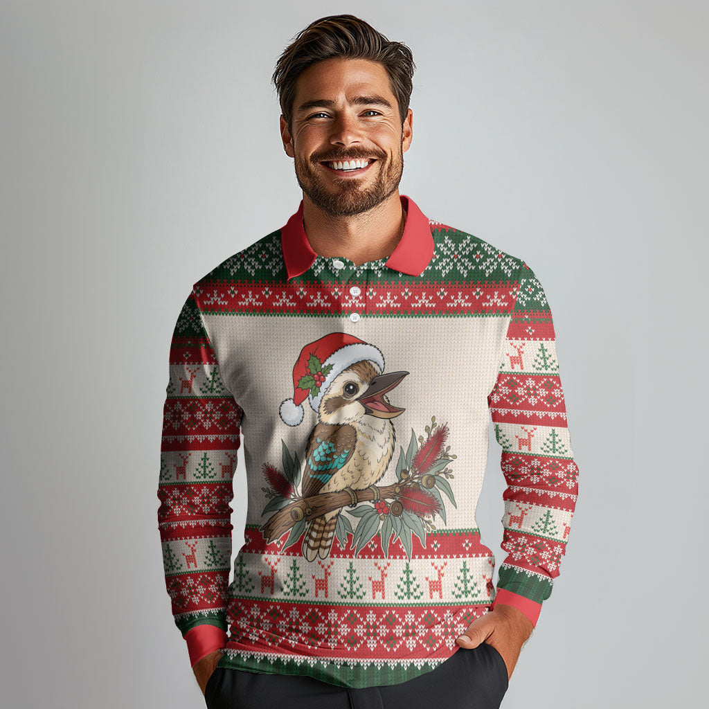 Aussie Kookaburra Christmas Long Sleeve Polo Shirt Festive Knitted Pattern Inspired
