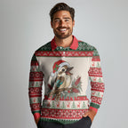 Aussie Kookaburra Christmas Long Sleeve Polo Shirt Festive Knitted Pattern Inspired
