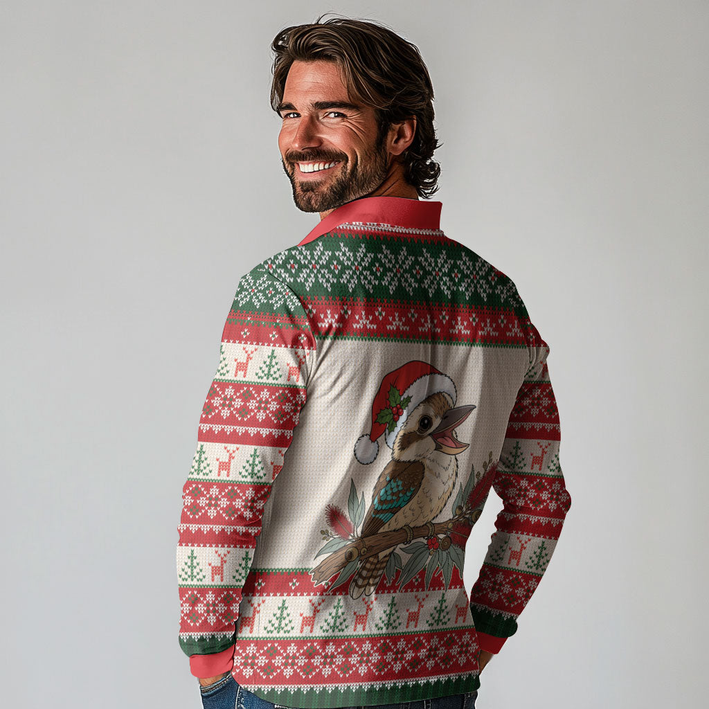 Aussie Kookaburra Christmas Long Sleeve Polo Shirt Festive Knitted Pattern Inspired