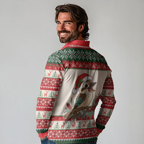 Aussie Kookaburra Christmas Long Sleeve Polo Shirt Festive Knitted Pattern Inspired