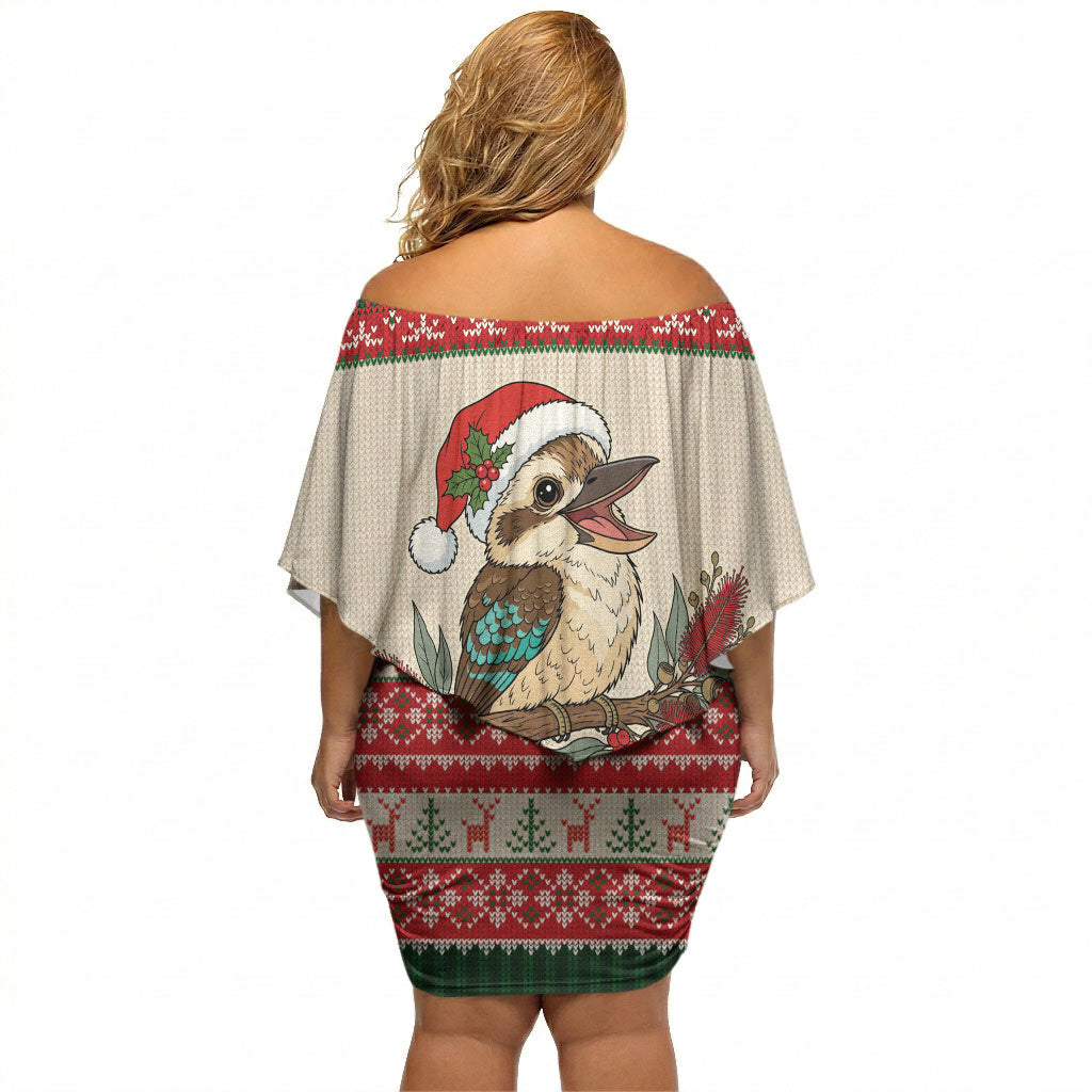 Aussie Kookaburra Christmas Off Shoulder Short Dress Festive Knitted Pattern Inspired