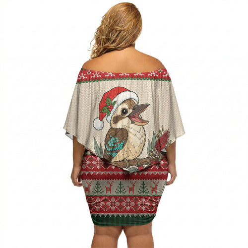Aussie Kookaburra Christmas Off Shoulder Short Dress Festive Knitted Pattern Inspired