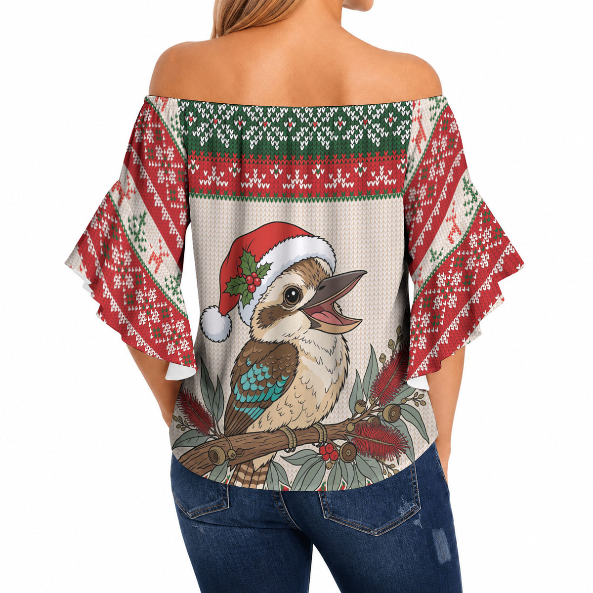 Aussie Kookaburra Christmas Off Shoulder Wrap Waist Top Festive Knitted Pattern Inspired