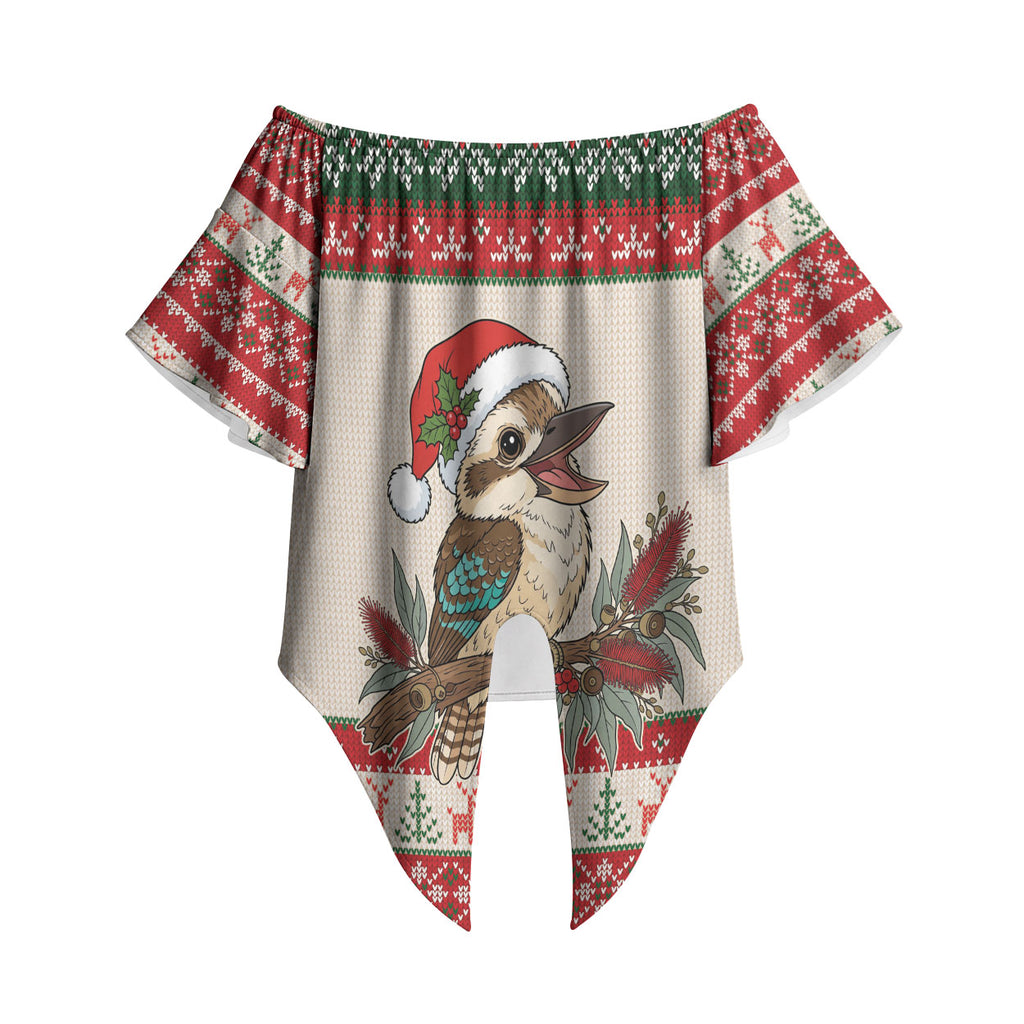 Aussie Kookaburra Christmas Off Shoulder Wrap Waist Top Festive Knitted Pattern Inspired