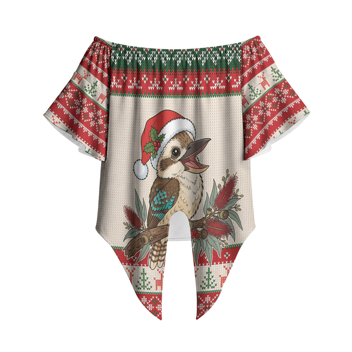 Aussie Kookaburra Christmas Off Shoulder Wrap Waist Top Festive Knitted Pattern Inspired