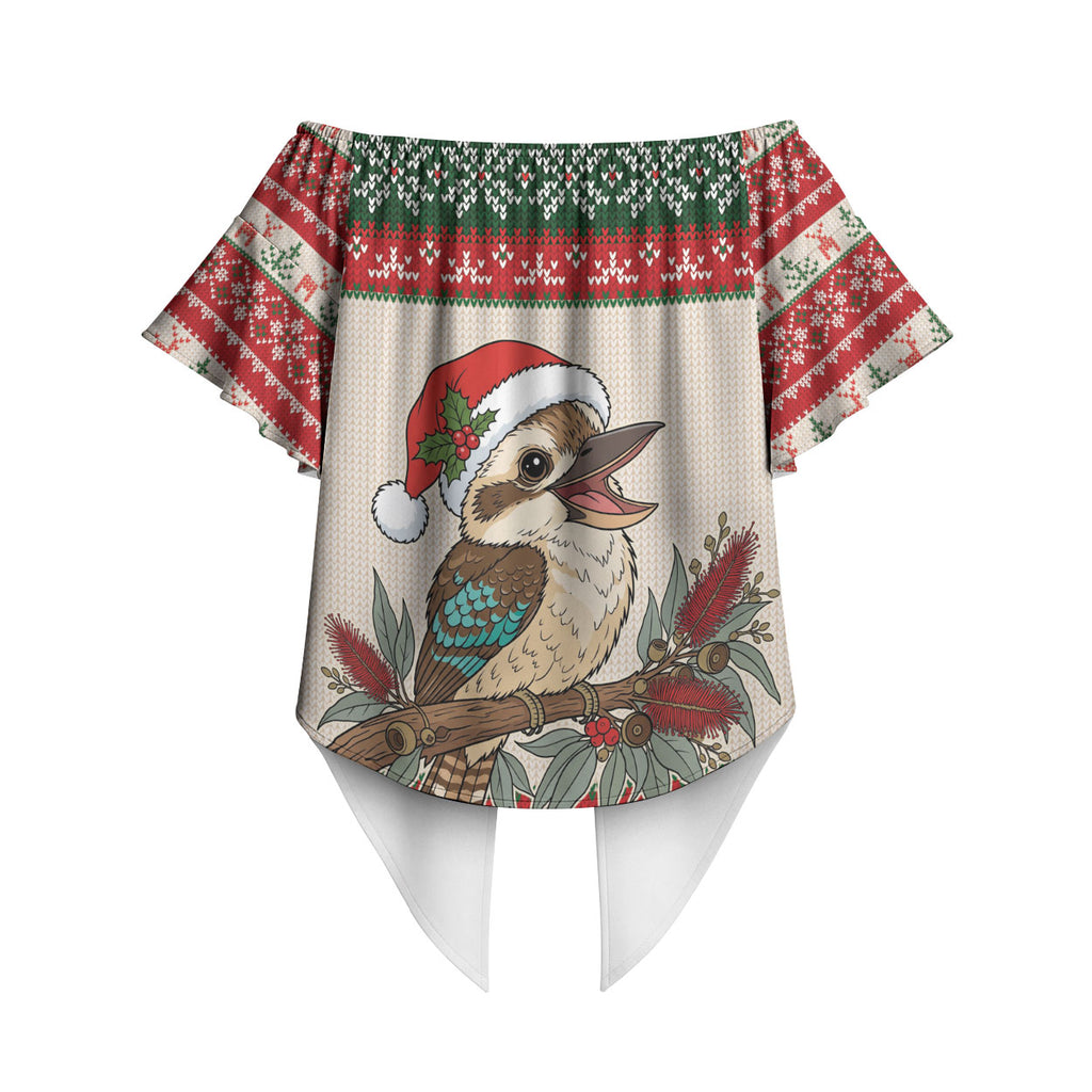 Aussie Kookaburra Christmas Off Shoulder Wrap Waist Top Festive Knitted Pattern Inspired