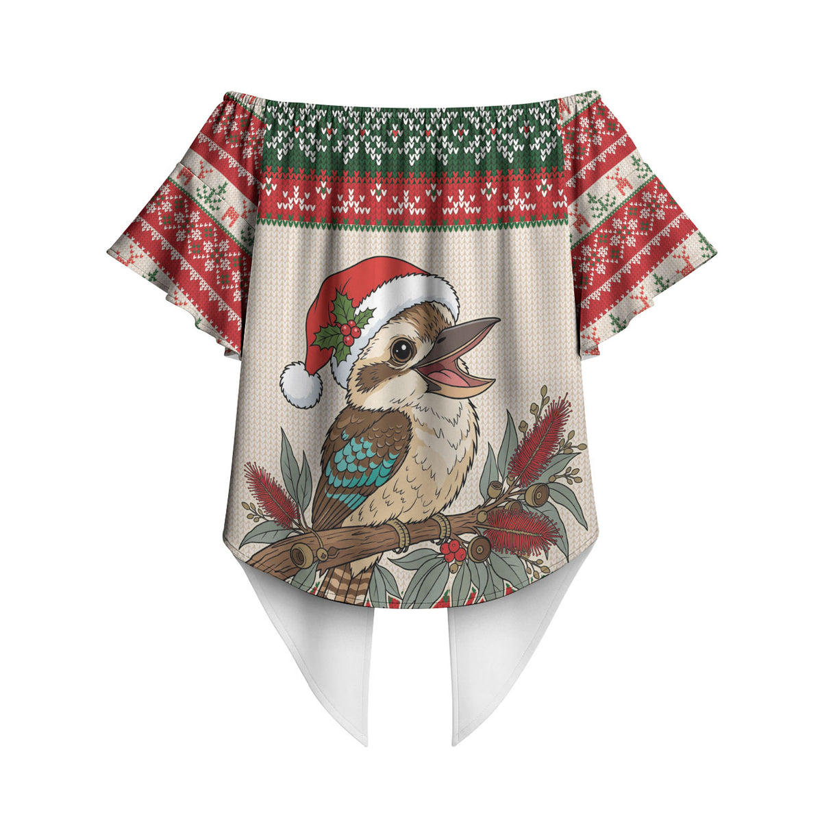 Aussie Kookaburra Christmas Off Shoulder Wrap Waist Top Festive Knitted Pattern Inspired