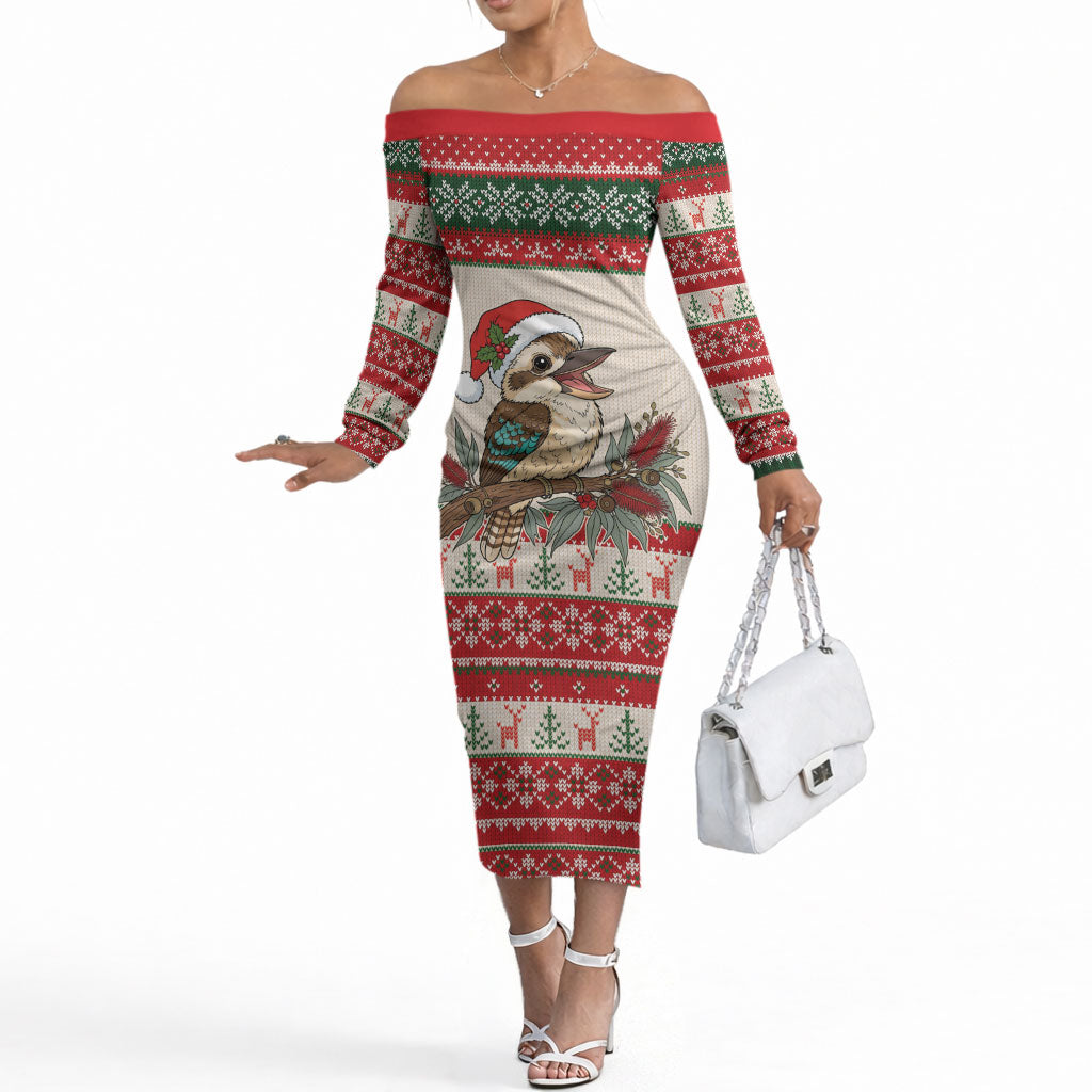Aussie Kookaburra Christmas Off The Shoulder Long Sleeve Dress Festive Knitted Pattern Inspired