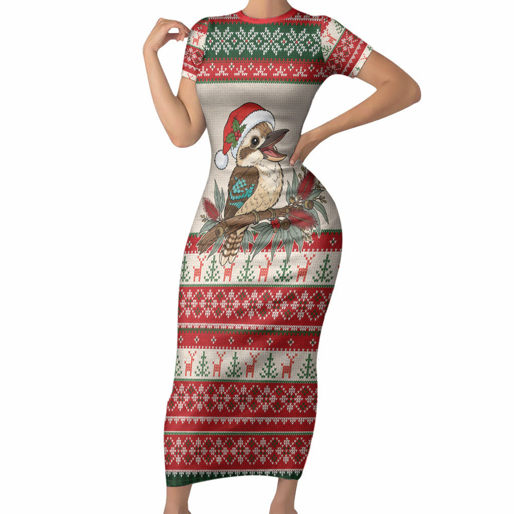 Aussie Kookaburra Christmas Short Sleeve Bodycon Dress Festive Knitted Pattern Inspired