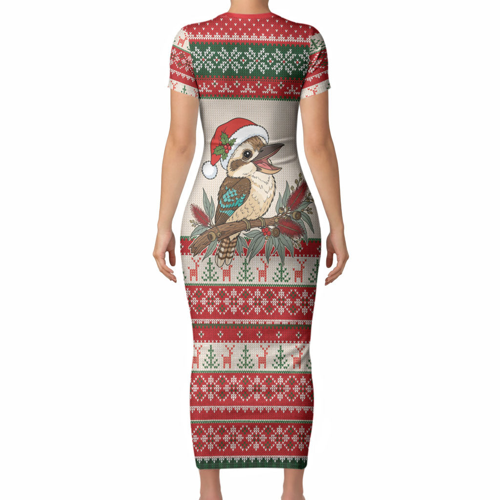 Aussie Kookaburra Christmas Short Sleeve Bodycon Dress Festive Knitted Pattern Inspired