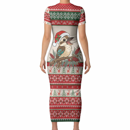 Aussie Kookaburra Christmas Short Sleeve Bodycon Dress Festive Knitted Pattern Inspired