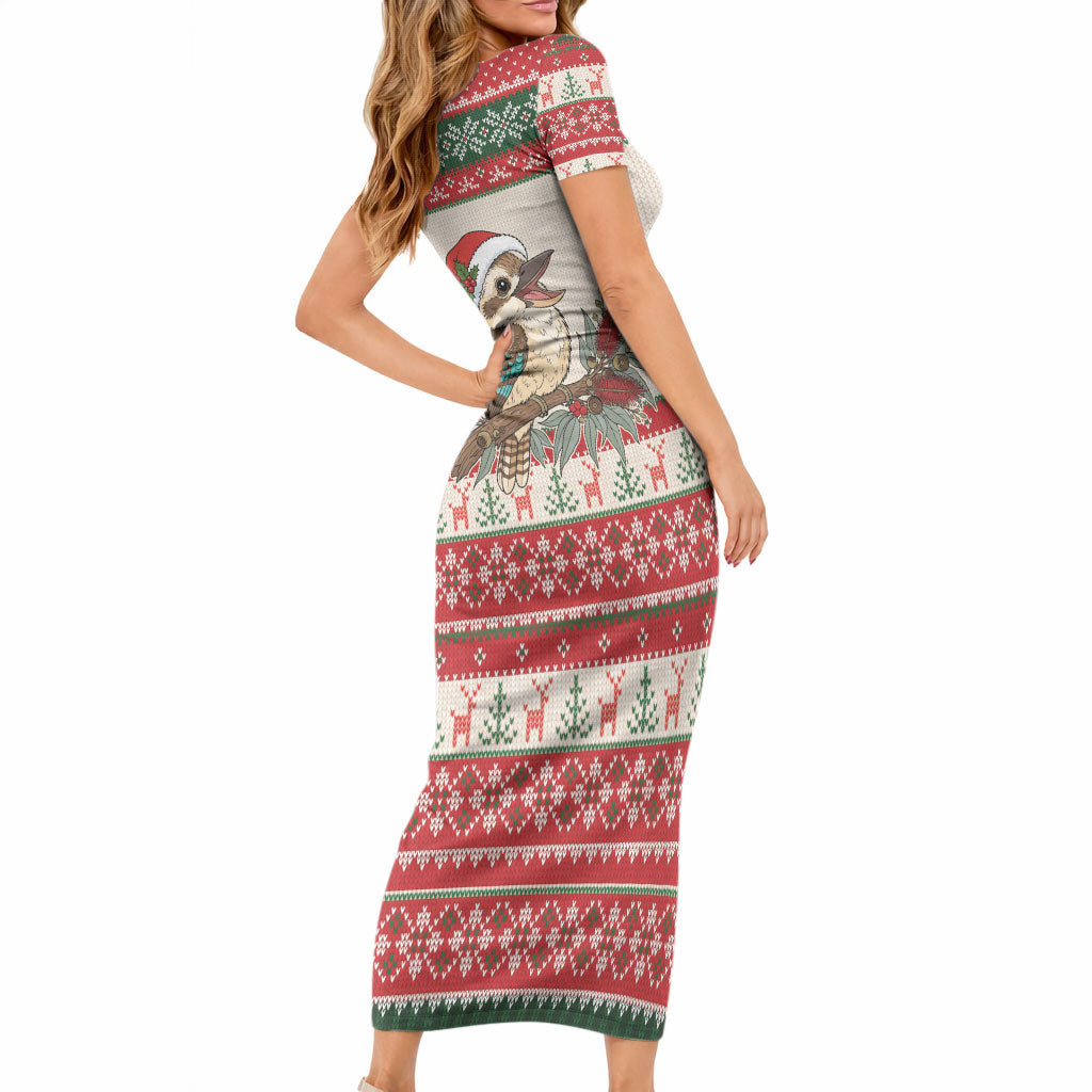 Aussie Kookaburra Christmas Short Sleeve Bodycon Dress Festive Knitted Pattern Inspired