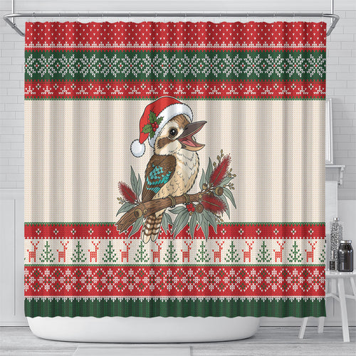 Aussie Kookaburra Christmas Shower Curtain Festive Knitted Pattern Inspired