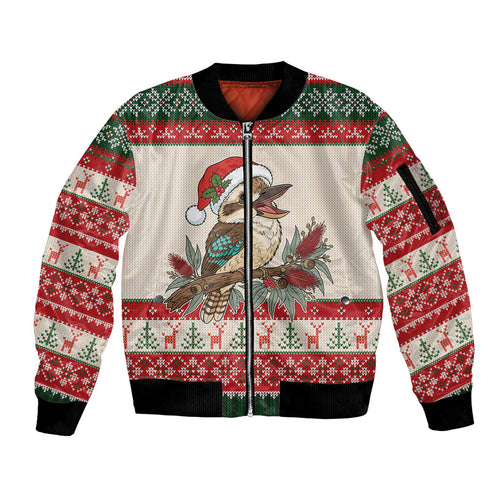 Aussie Kookaburra Christmas Sleeve Zip Bomber Jacket Festive Knitted Pattern Inspired