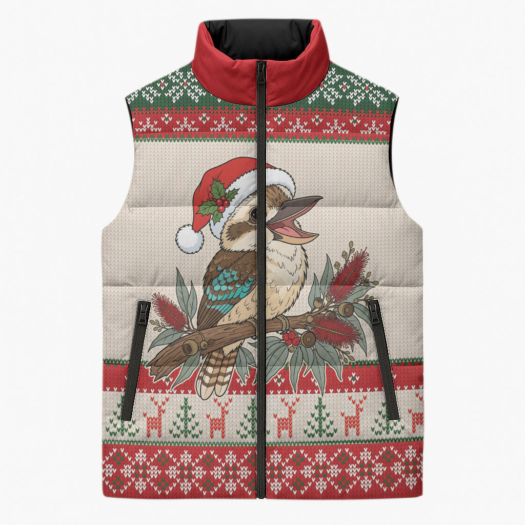 Aussie Kookaburra Christmas Sleeveless Puffer Jacket Festive Knitted Pattern Inspired