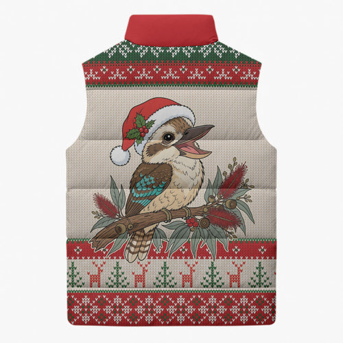 Aussie Kookaburra Christmas Sleeveless Puffer Jacket Festive Knitted Pattern Inspired