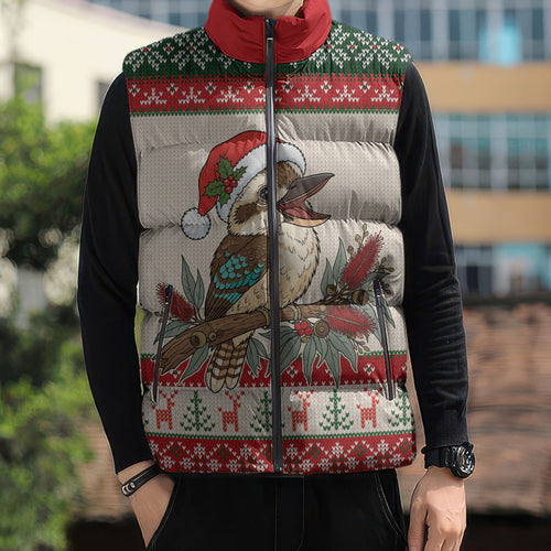 Aussie Kookaburra Christmas Sleeveless Puffer Jacket Festive Knitted Pattern Inspired