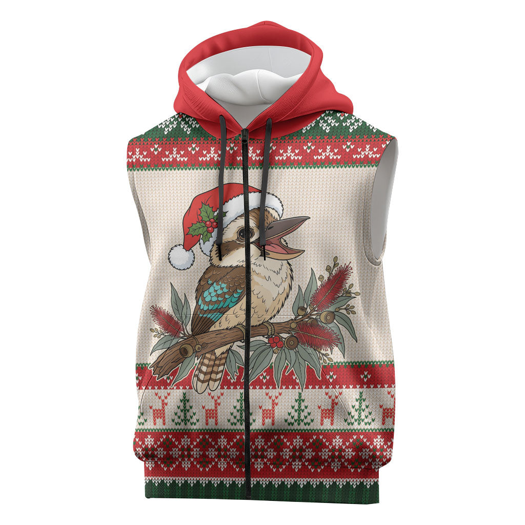 Aussie Kookaburra Christmas Sleeveless Zip Hoodie Festive Knitted Pattern Inspired