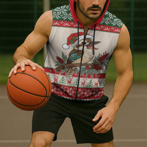 Aussie Kookaburra Christmas Sleeveless Zip Hoodie Festive Knitted Pattern Inspired