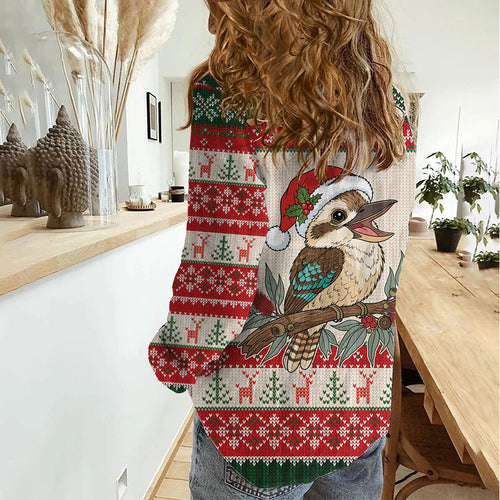 Aussie Kookaburra Christmas Women Casual Shirt Festive Knitted Pattern Inspired