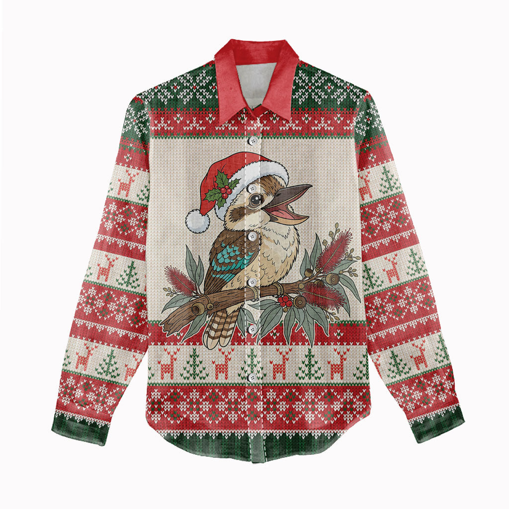 Aussie Kookaburra Christmas Women Casual Shirt Festive Knitted Pattern Inspired