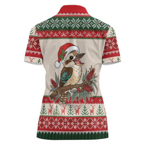 Aussie Kookaburra Christmas Women Polo Shirt Festive Knitted Pattern Inspired