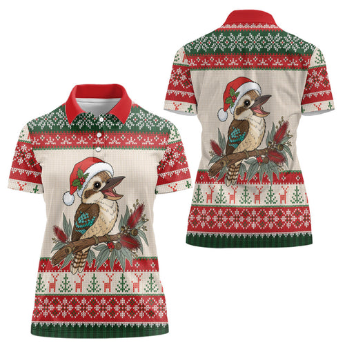 Aussie Kookaburra Christmas Women Polo Shirt Festive Knitted Pattern Inspired
