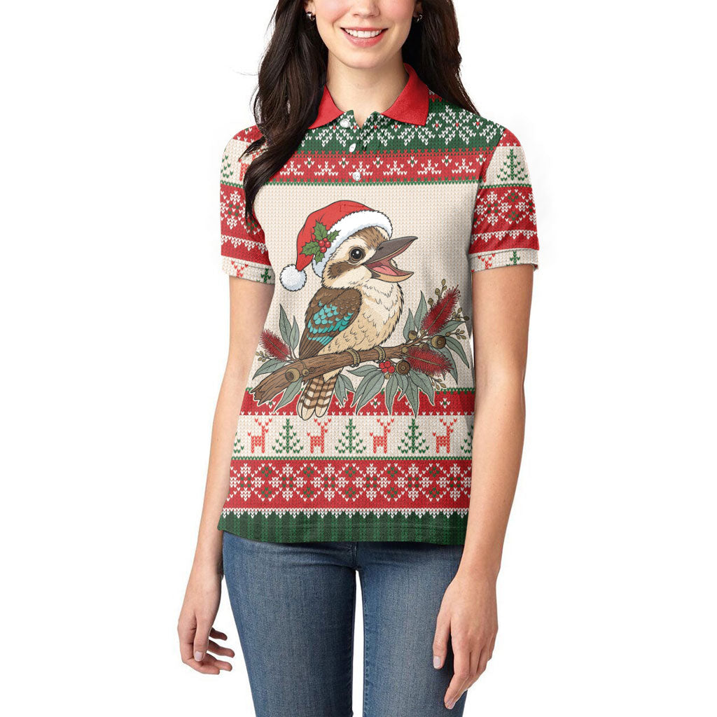 Aussie Kookaburra Christmas Women Polo Shirt Festive Knitted Pattern Inspired