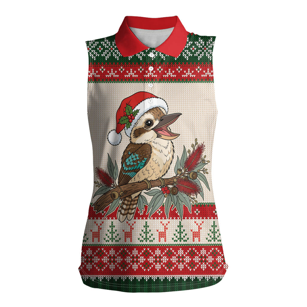 Aussie Kookaburra Christmas Women Sleeveless Polo Shirt Festive Knitted Pattern Inspired