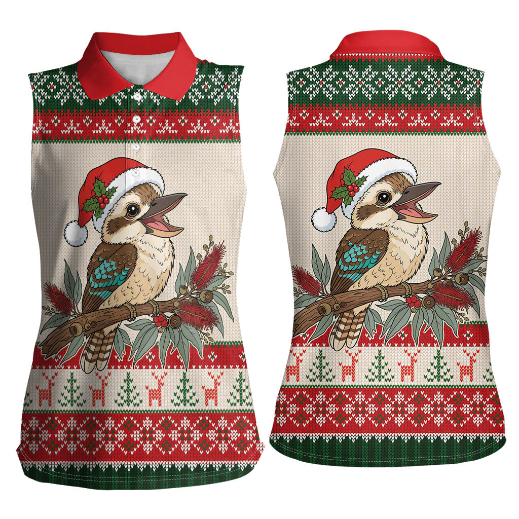 Aussie Kookaburra Christmas Women Sleeveless Polo Shirt Festive Knitted Pattern Inspired
