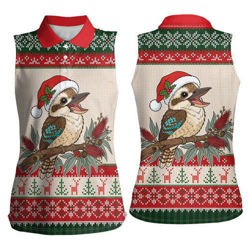Aussie Kookaburra Christmas Women Sleeveless Polo Shirt Festive Knitted Pattern Inspired