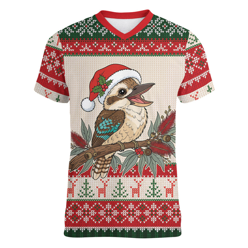 Aussie Kookaburra Christmas Women V-Neck T-Shirt Festive Knitted Pattern Inspired