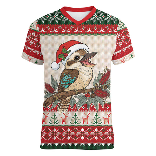 Aussie Kookaburra Christmas Women V-Neck T-Shirt Festive Knitted Pattern Inspired