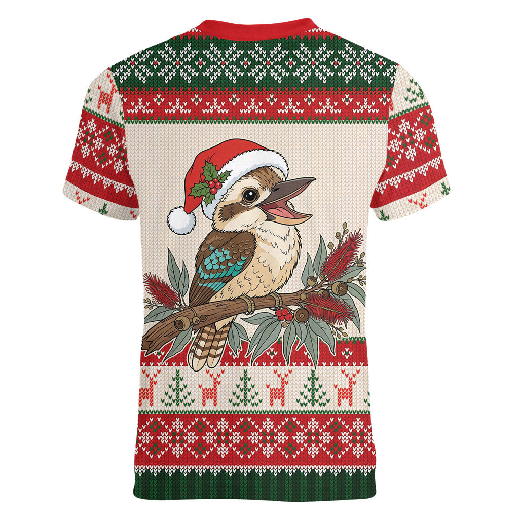 Aussie Kookaburra Christmas Women V-Neck T-Shirt Festive Knitted Pattern Inspired