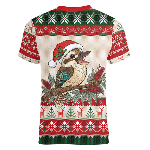 Aussie Kookaburra Christmas Women V-Neck T-Shirt Festive Knitted Pattern Inspired