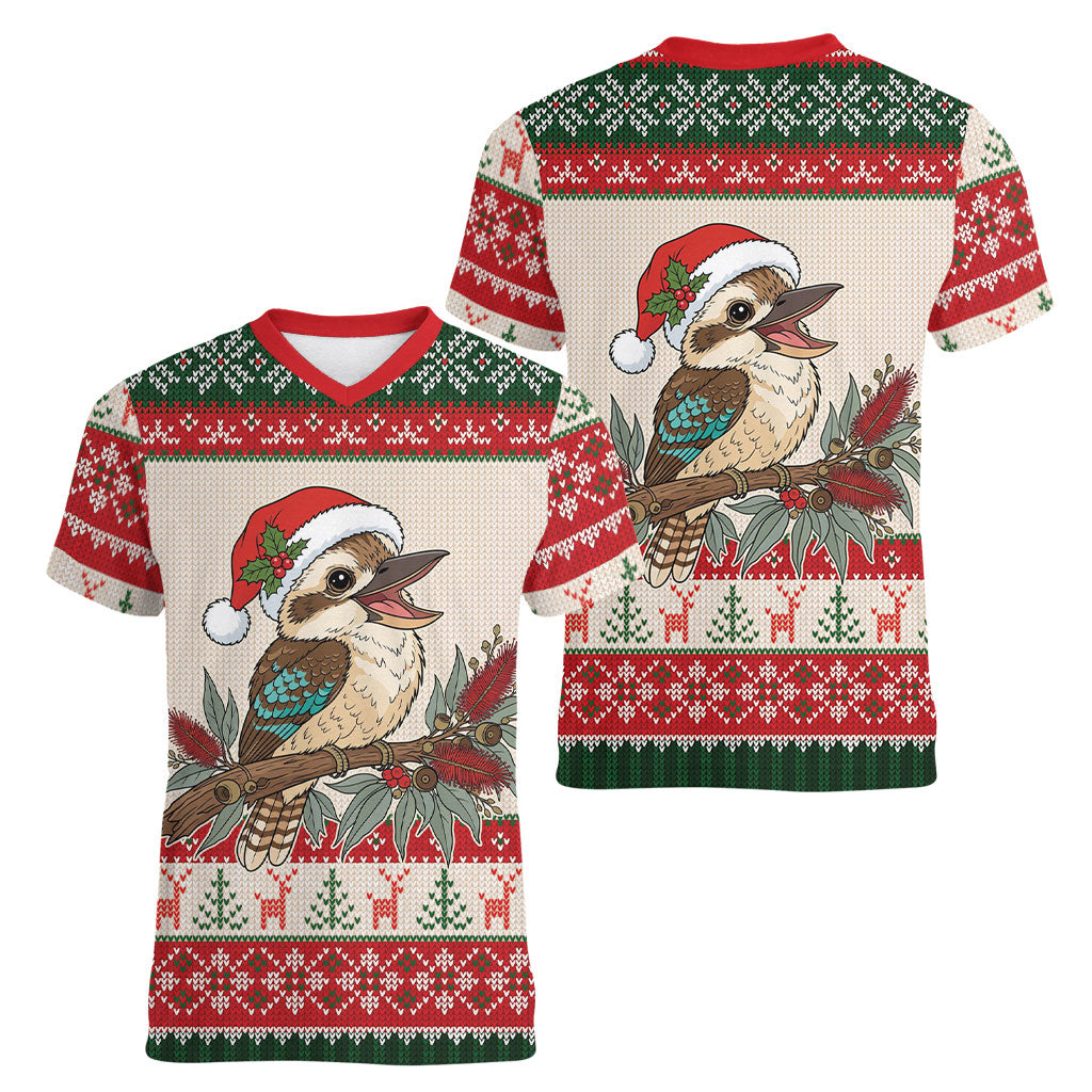 Aussie Kookaburra Christmas Women V-Neck T-Shirt Festive Knitted Pattern Inspired