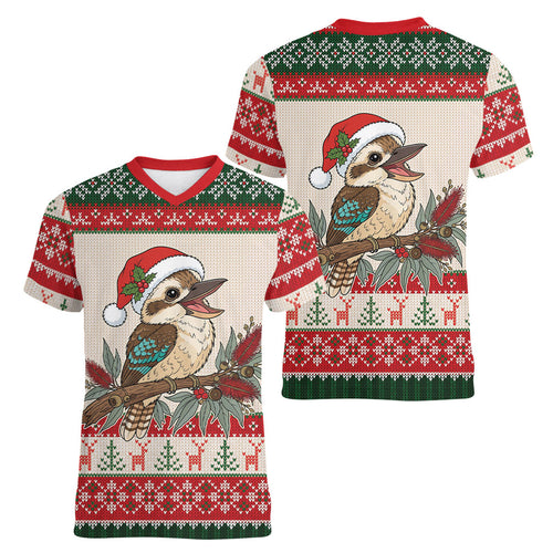 Aussie Kookaburra Christmas Women V-Neck T-Shirt Festive Knitted Pattern Inspired