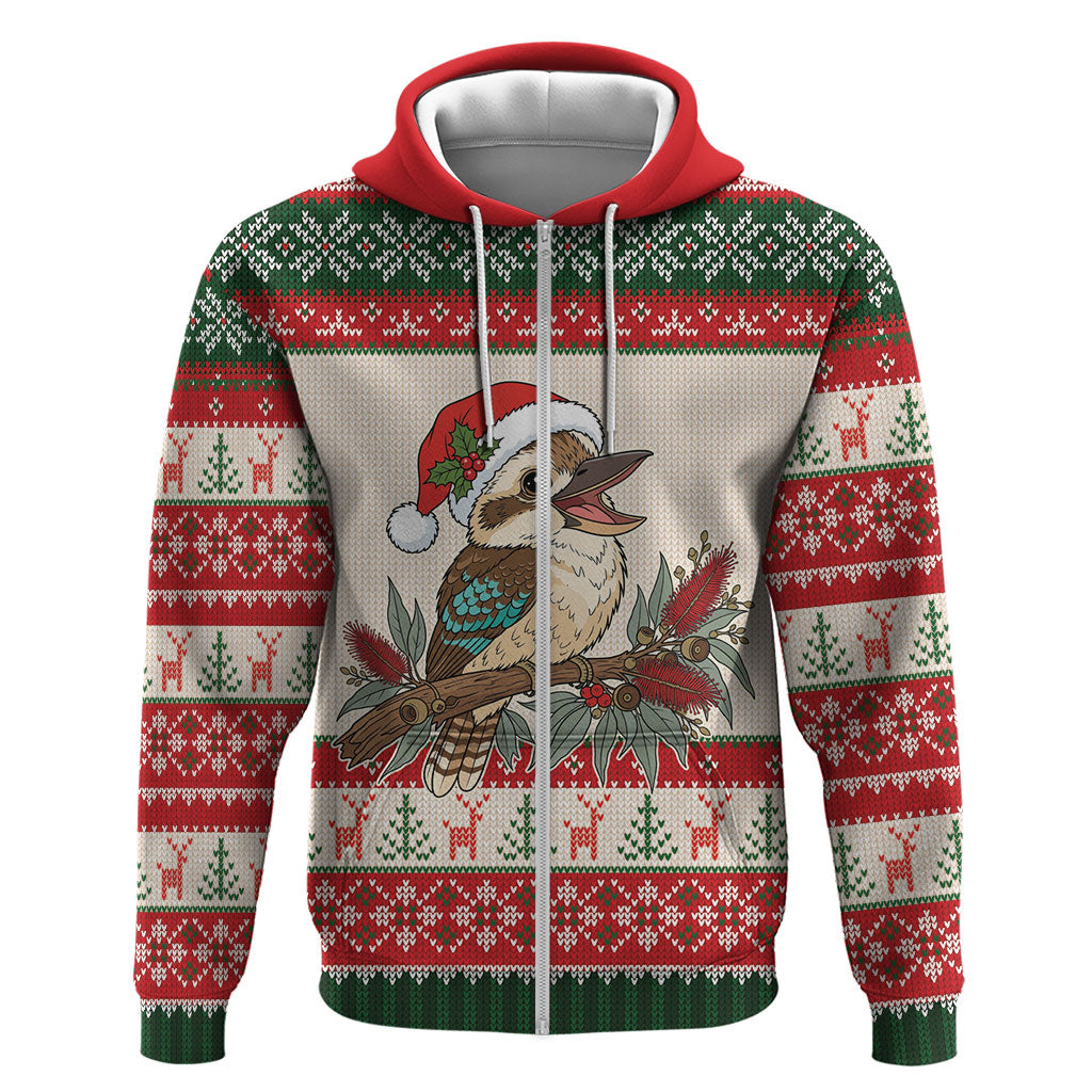 Aussie Kookaburra Christmas Zip Hoodie Festive Knitted Pattern Inspired