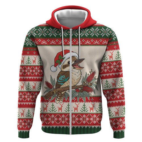 Aussie Kookaburra Christmas Zip Hoodie Festive Knitted Pattern Inspired