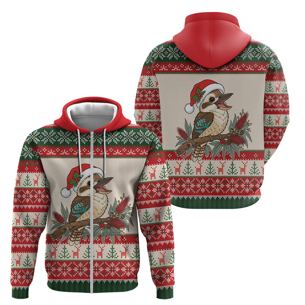 Aussie Kookaburra Christmas Zip Hoodie Festive Knitted Pattern Inspired